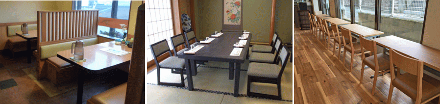 高座椅子席、移動式のカウンター席、ベンチ椅子の席に改装しました。